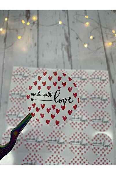 eylülün etiket fabrikası Made With Love Kırmızı Kalpli Opak Sticker - Sevgili...