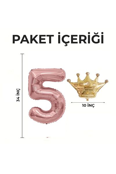 Konsept Sepeti 5 Years Old Rose Gold Birthday Set - King Crown with Balloons and Gift Headband