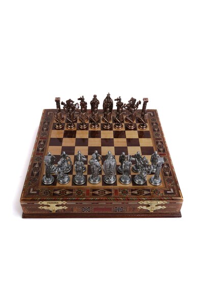 Gift Home İngiliz Antik Bakır Satranç Taşları Ve Masif Ahşap Sandıklı Satranç Tahtası