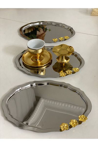 Elzemm store 20*25 CM Stainless Steel Oval - Presentation Tray with 3 Roses