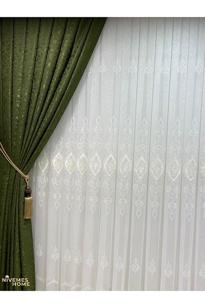 NİVEMESHOME Background Embroidered 1/3 Tight Pleated Tulle Curtain