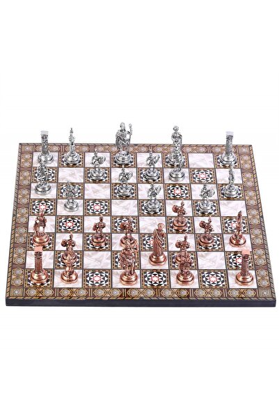 Gift Home Orta Boy Metal Roma Satranç Takımı Antik Ve Sedef Desenli Mdf Ahşap Satranç Tahtası (37x37 Cm.)