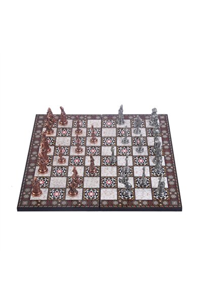 Gift Home Büyük Boy Metal Osmanlı Bizans Satranç Takımı Antik Ve Katlanır Sedef Desenli Mdf Ahşap Satranç Taht