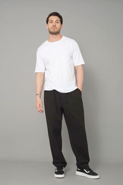 DARK AND BRIGHT Πλαϊνές τσέπες και κορδόνι - Φαρδύ πλισέ μαύρο παντελόνι, ελαστικό ύφασμα μέσης