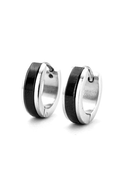 Solfera Men's Earrings - Black Plain Stripe, Double Color, 13mm Diameter Stainless Steel Hoop, ER102