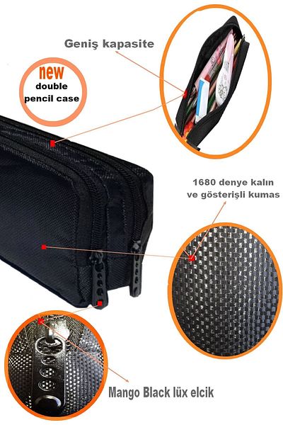 Stok CITY luxury Black Double pencil case Double Compartment pencil bag 2 zipper Penholder pencil case