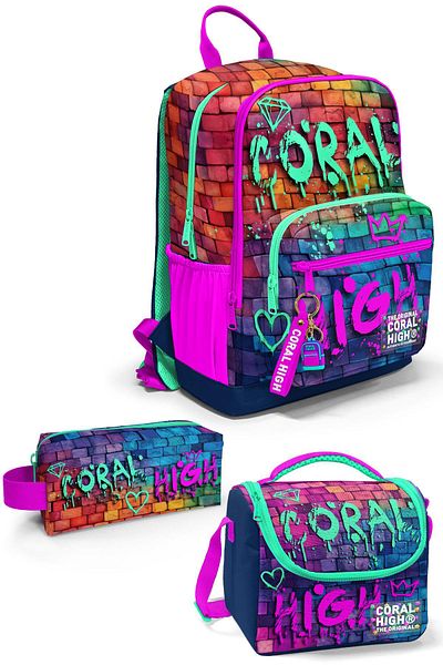 Coral High Geantă de școală din 3 piese roz bleumarin cu scris graffiti - SET 0123629