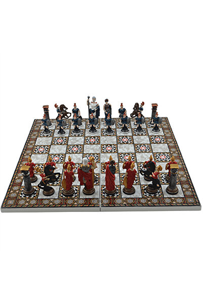 Gift Home GiftHome Battal Boy Metal ROMA Pastel Satranç Takımı ve Katlanır Sedef Desenli MDF Tahtası (43X43 cm