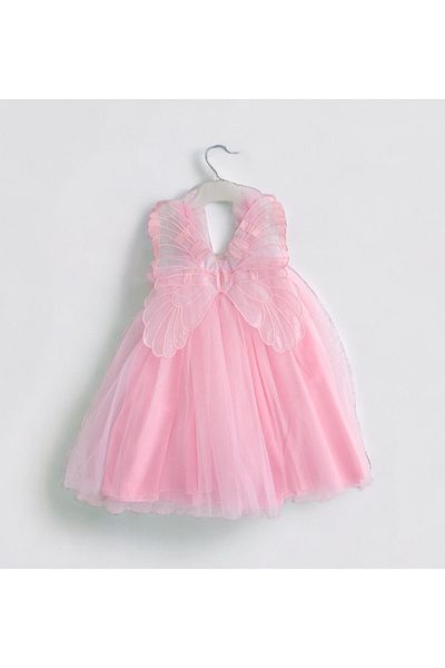 Şirin Şeyler Butiği Rochie pentru fete Fairy Butterfly cu bretele din tul Fluture Detaliată Zi specială Ziua Zilei Roz Zână