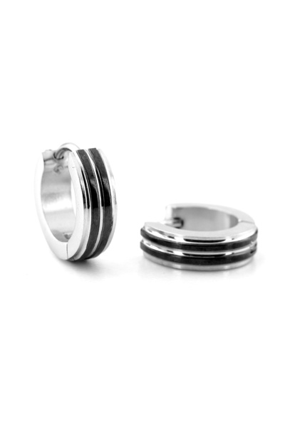 Solfera Men's Earrings - Pair Black Stripes, 13mm Stainless Steel Hoop, ER104