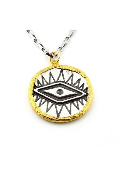 Solfera Unisex Antique Vintage Evil Eye Medallion Steel Chain Necklace - Q0880