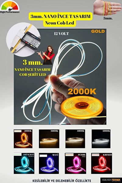 ankarateknik 3mm. Nano Ince Neon Cob Şerit Led / Ince Tasarım/ 5 Metre Rulo /...