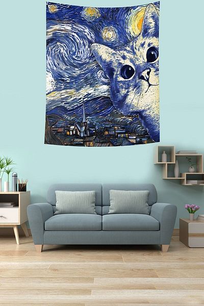 on the clouds Van Gogh Cer înstelat și pisică drăguță Tapiserie din țesătură rezistentă la pete Tapiserie de perete