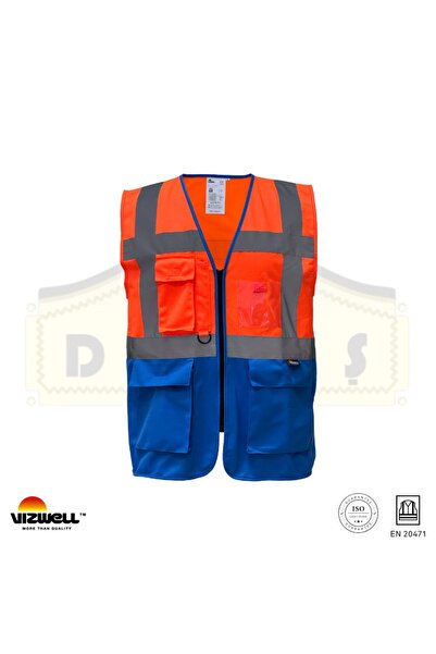 Vizwell ™ Çok Cepli Turuncu-lacivert Reflektörlü Mühendis / Ikaz Yeleği