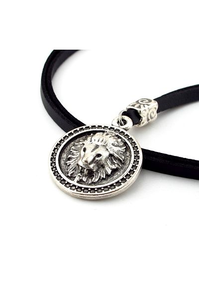 Solfera Men's Necklace - Embossed Lion Leon Horoscope Leather Metal Medallion Q0889