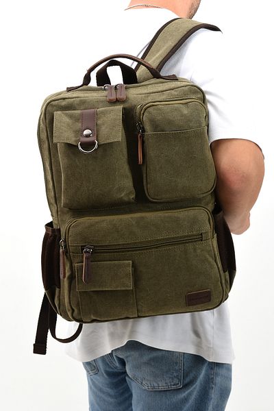 By Hakan Eba-8678 Canvas Backpack - Χακί τσάντα ταξιδιού και σχολείου με θήκη φορητού υπολογιστή και πολλαπλές θήκες