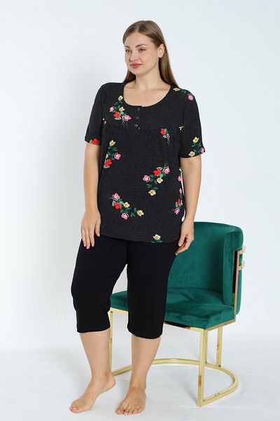 Lagertha by İntensive Polka Dot Floral Print Women's Nightgown Set - Flexible Viscose, Short Sleeve, Buttoned