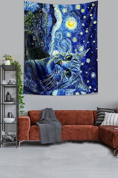 on the clouds Van Gogh Cute Cat Covor de perete din țesătură rezistentă la pete Tapiserie