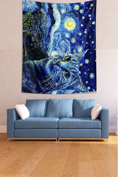 on the clouds Van Gogh Cute Cat Covor de perete din țesătură rezistentă la pete Tapiserie