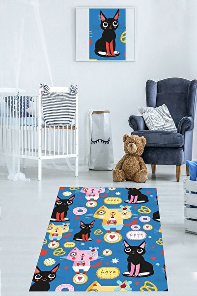 on the clouds Kedili Halı Kedi Desenli Renkli Dijital Baskı Yıkanabilir Kayma...