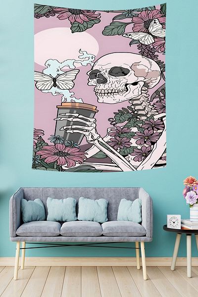 on the clouds Craniu care bea cafea florală Tapiserie de perete din țesătură rezistentă la pete