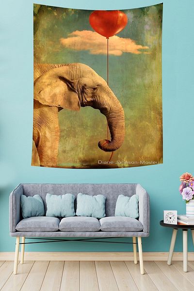 on the clouds Elephant Carrying Balloons on Its Hose Stain Resistant Fabric Wall Cover Wall Carpet Tapestry