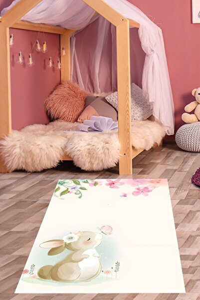 on the clouds Çiçek Bahçeli Kelebe ve Sevimli Tavşan Yıkanabilir Kaymaz Taban...