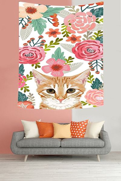 on the clouds Watercolor Flowers and Cute Cat Stain Resistant Fabric Wall Cloth Wall Carpet Tapestry
