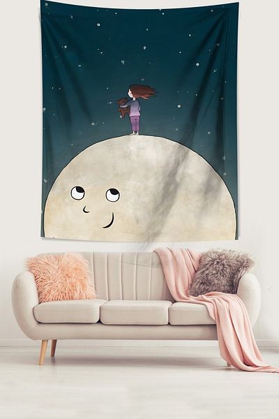 on the clouds Sweet Girl Over The Moon Tapiserie de perete din țesătură rezistentă la pete