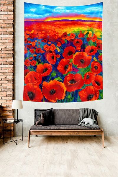 on the clouds Sunset and Poppy Field Stain Resistant Fabric Wall Cover Wall Carpet Tapestry
