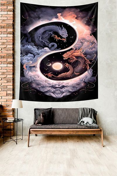 on the clouds Yin Yang Tigru Lup Dragon Luna Pânză rezistentă la pete Tapiserie Tapiserie Tapiserie