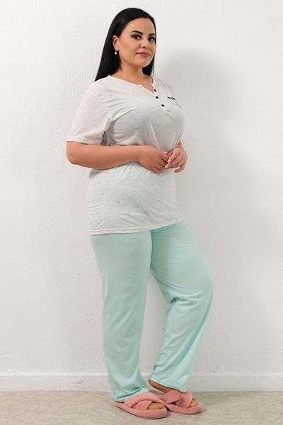 PİNKMARK Women's Ecru Mint Embroidered Short Sleeve Plus Size Pajama Set Pmtk25513