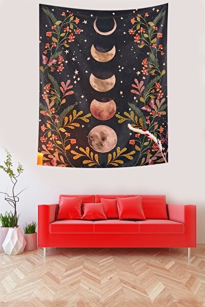 on the clouds Ayın Evreleri Yıldızlar ve Çiçekler Leke Tutmaz Kumaş Duvar Örtüsü Duvar Halısı Tapestry