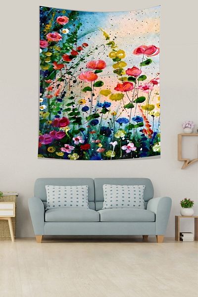 on the clouds Colorful Spring Flowers Watercolor Effect Stain Resistant Fabric Wall Cover Wall Carpet Tapestry