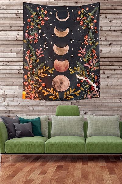on the clouds Phases of the Moon Stars and Flowers Stain Resistant Fabric Wall Cloth Wall Tapestry Tapestry