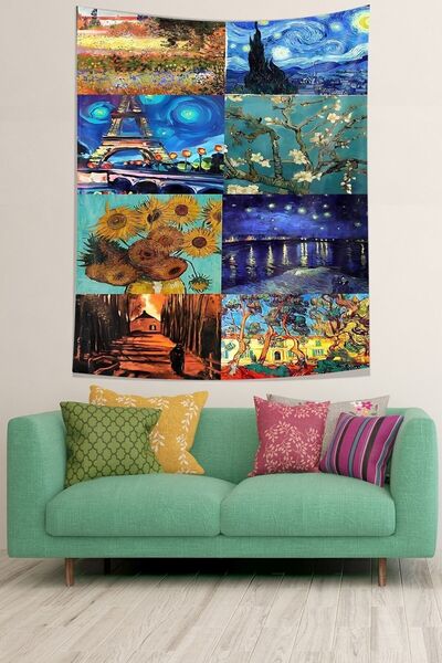 on the clouds Van Gogh Tabloları Birleşimi Poster Görünümlü Leke Tutmaz Kumaş Duvar Örtüsü Duvar Halısı Tapestry