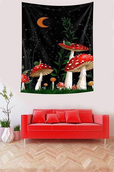 on the clouds Moon Stars and Red Mushrooms Stain Resistant Fabric Wall Cloth Wall Carpet Tapestry
