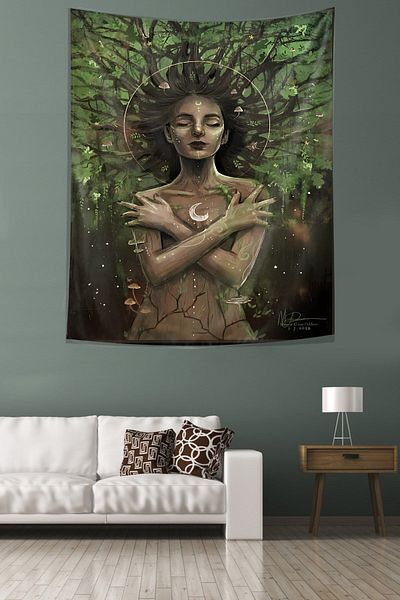 on the clouds Forest Haired Girl Stain Resistant Fabric Wall Cloth Wall Tapestry Tapestry