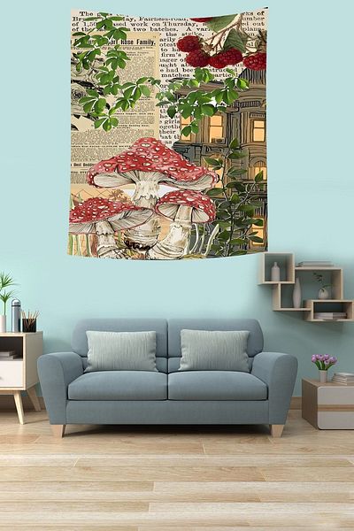 on the clouds Raspberry and Mushrooms Stain Resistant Fabric Wall Cover Wall Tapestry Tapestry