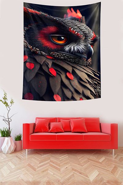 on the clouds Red Black Owl Washable Stain Resistant Fabric Wall Cover Wall Carpet Tapestry