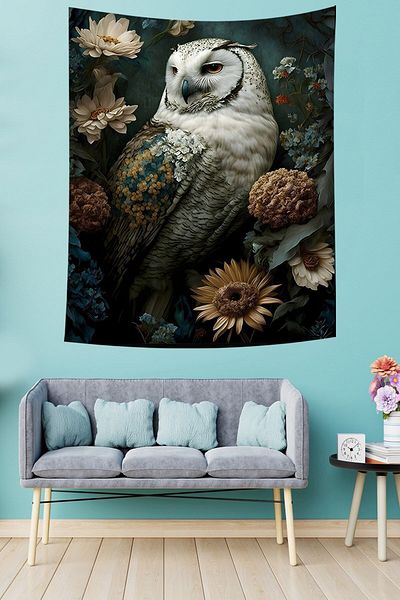 on the clouds Cute Owl Stain Resistant Fabric Wall Cover Wall Carpet Tapestry