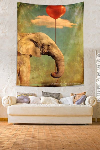 on the clouds Elephant Carrying Balloons on Its Hose Stain Resistant Fabric Wall Cover Wall Carpet Tapestry