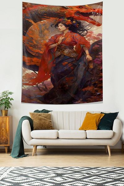 on the clouds Dragon And Japanese Girl Stain Resistant Fabric Wall Cloth Wall Tapestry Tapestry