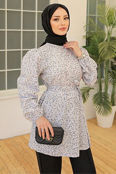 Bestenur Gray Crispy Floral Patterned Tunic - 827