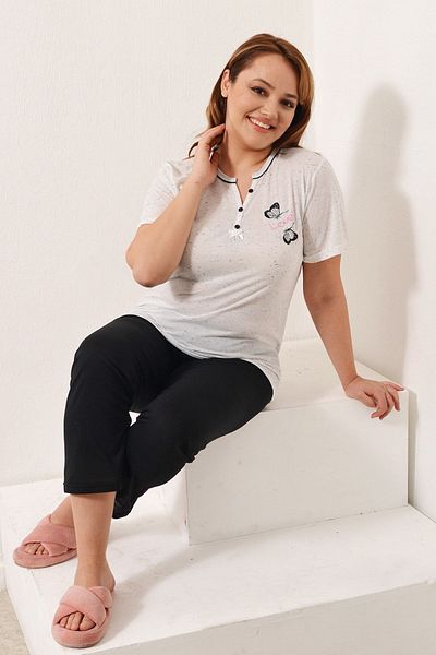 PİNKMARK Women's Ecru Black Embroidered Short Sleeve Plus Size Pajama Set Pmtk25512