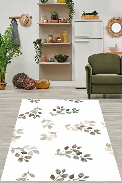 on the clouds Beyaz Zemin Yaprak Desen Minimal Şık Sade  Yıkanabilir Kaymaz T...