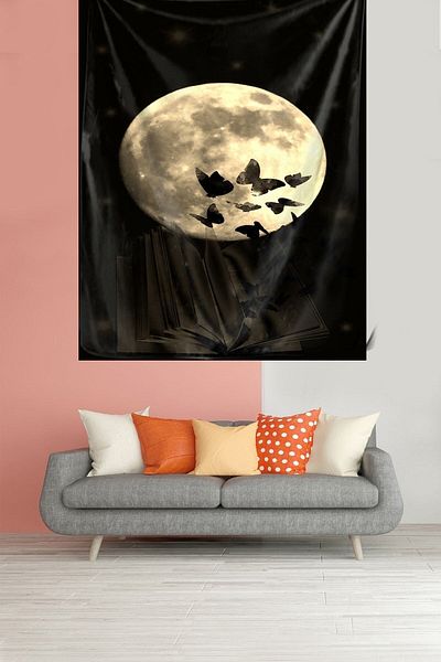 on the clouds Velvet Textured Fabric - Butterfly Moon Patterned, Non-Slip Tapestry