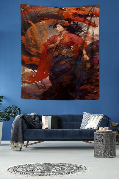 on the clouds Dragon And Japanese Girl Stain Resistant Fabric Wall Cloth Wall Tapestry Tapestry