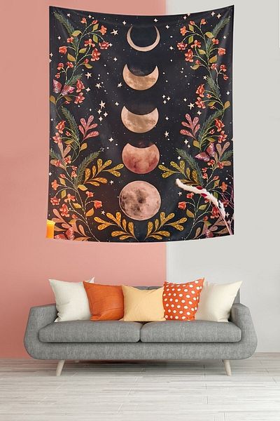 on the clouds Phases of the Moon Stars and Flowers Stain Resistant Fabric Wall Cloth Wall Tapestry Tapestry