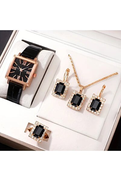 Mumicemum Kadın Vintage Kuvars Saat Analog Ve Kolye Küpe Yüzük Takı Seti, 5 A...